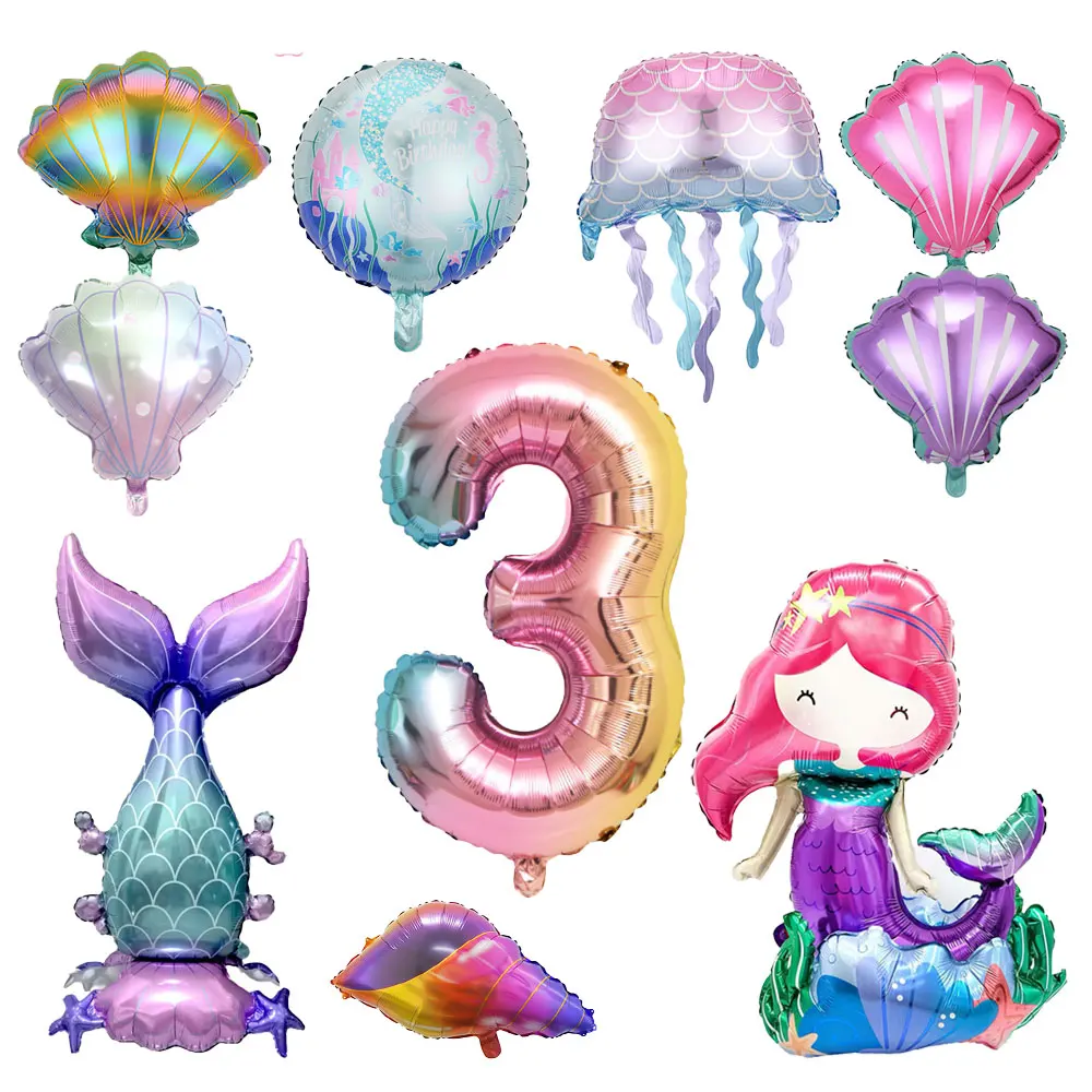 Fiesta Temática de sirena número 1-9, juego de globos de aluminio, globos de concha de cola de sirena de pie gigante, decoraciones para fiesta de cumpleaños para niñas y niños