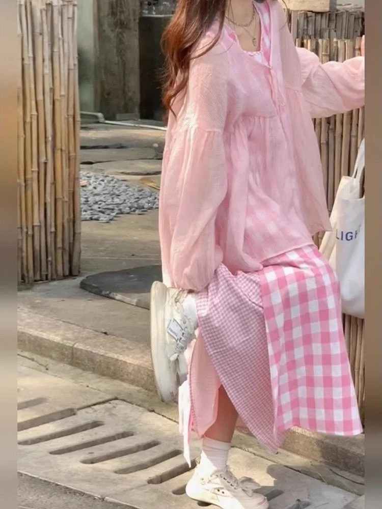 

Summer Beautiful Plaid Dr And Outerwear Women's Set New 2025 Pink Gingham Strapl Dr with Sun Protection Cardigan