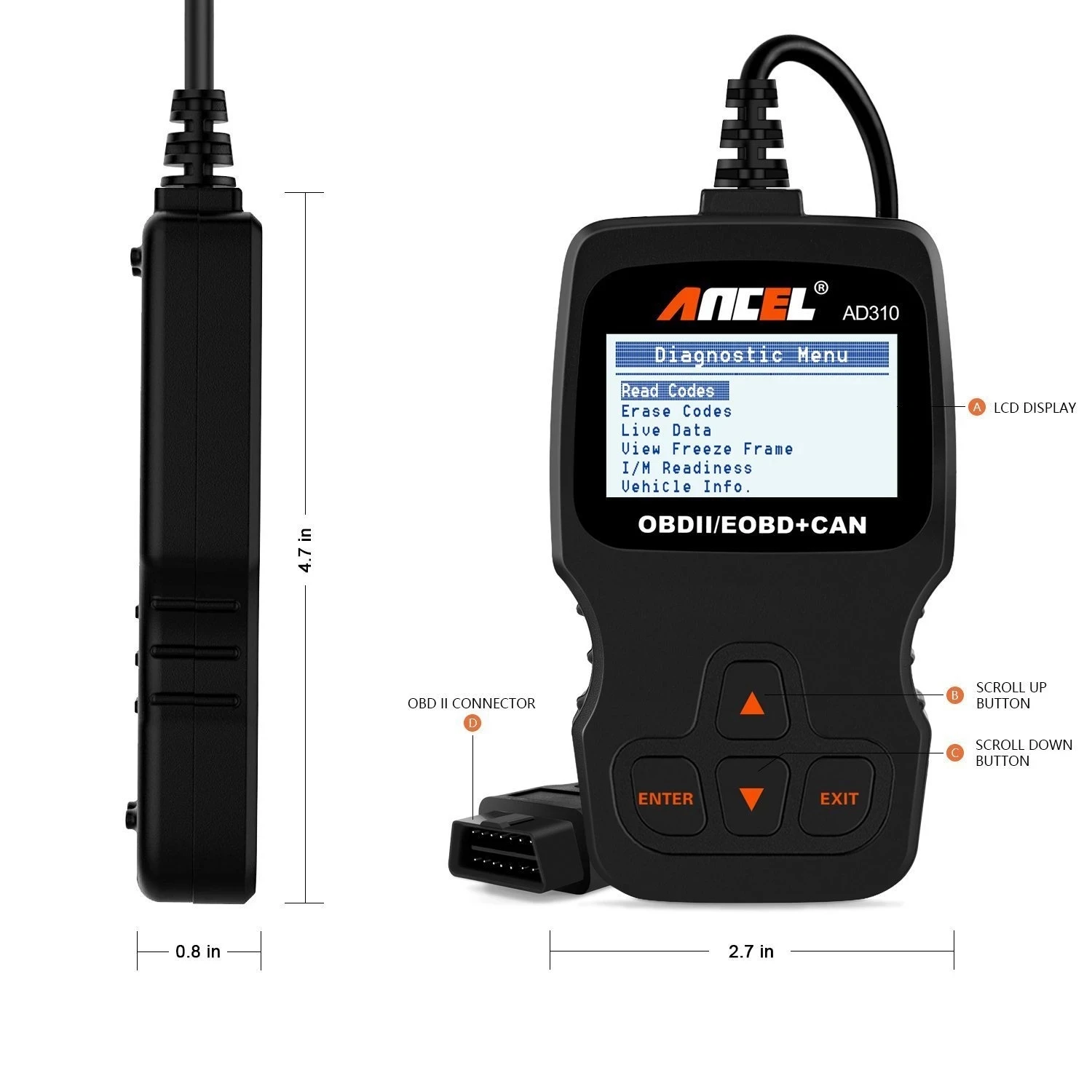 Ancel AD310 Obd2 الماسح الضوئي أداة تشخيص السيارة قارئ الرمز البيانات المباشرة إيقاف MIL obdii ماسح ضوئي تشخيصي تلقائي متعدد اللغات