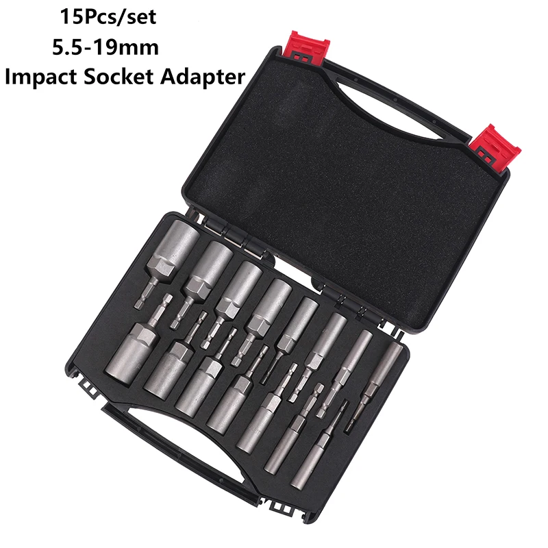

15Pcs 80mm Deepen Power Nut Driver Drill Bit Set 5.5-19mm Impact Socket Adapter Hex Socket Sleeve Power Tools Accessories
