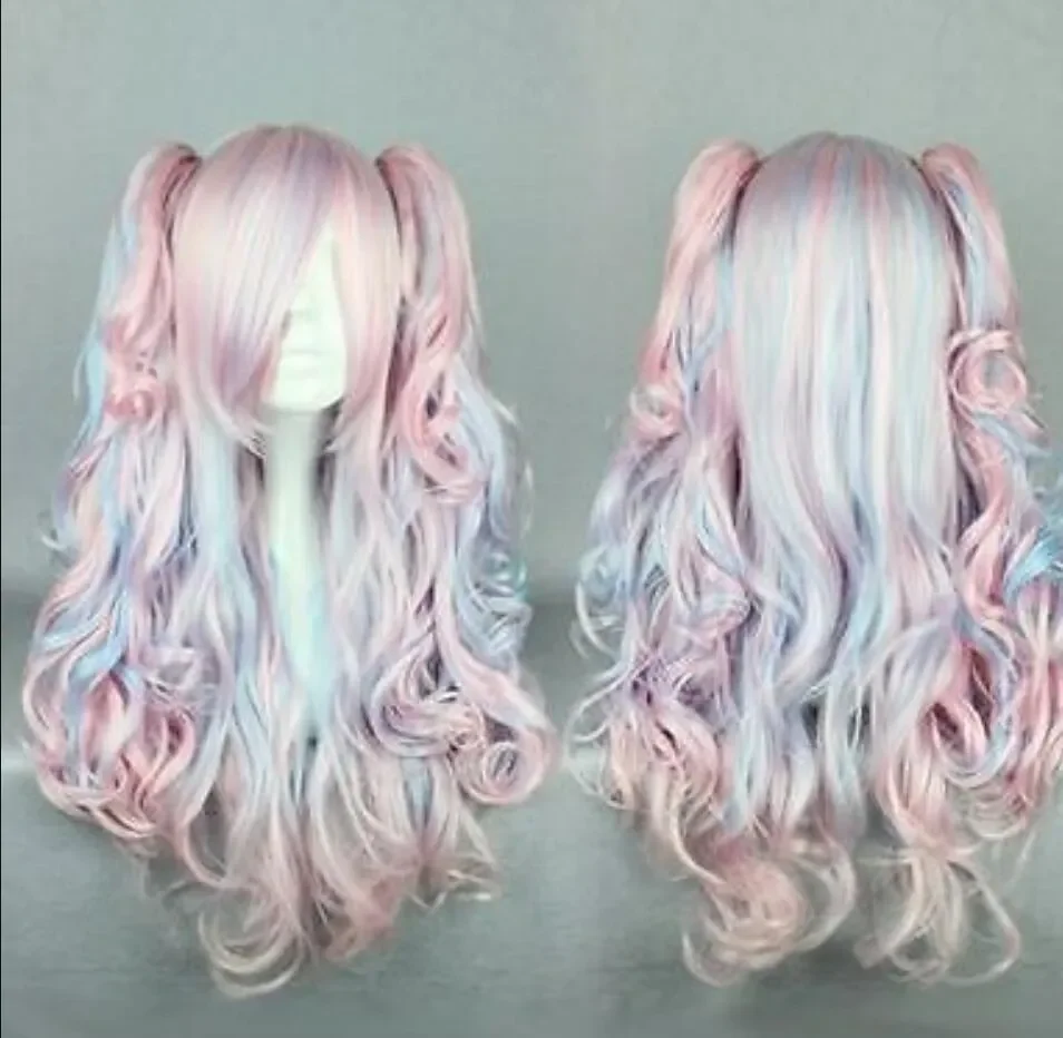 free shipping 70cm Long Pink Mixed Blue Curly Clip-In Ponytails Lolita Style Cosplay Wigs