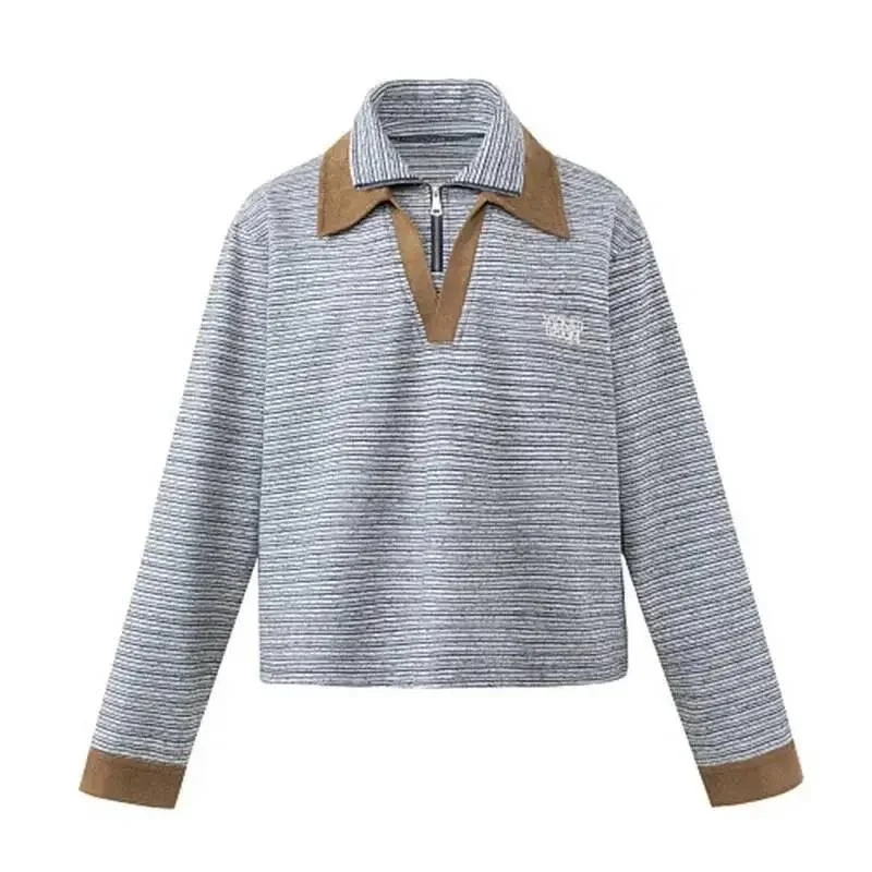 Suede Contrast Collar Half Zip Stripe Polo Top Mens Niche American Style Retro Autumn Long Sleeve Sweatshirt GN5G