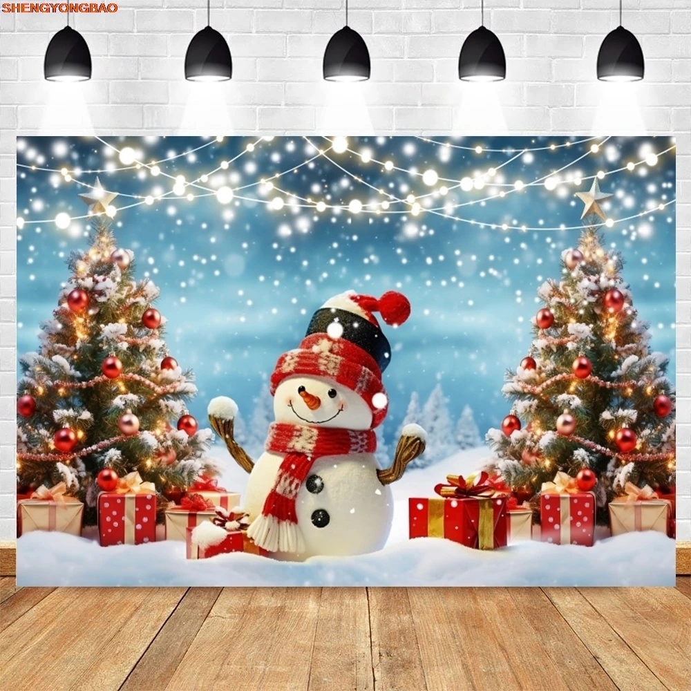 

Winter Snowman Backdrop Snow Glitter Light Christmas Tree Gifts Baby Kid Portrait Xmas Party Photography Background Decor Banner