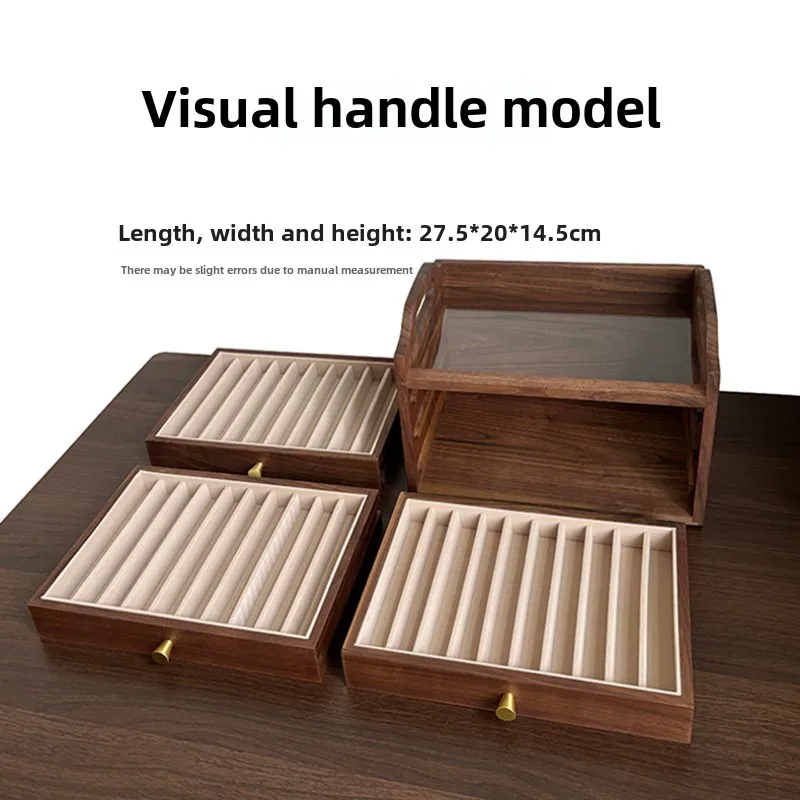 Large Capacity Drawer Case Black Walnut Wood Pen Storage Box Multi-layer Drawer Display Box Brass Handle Desk Organizer