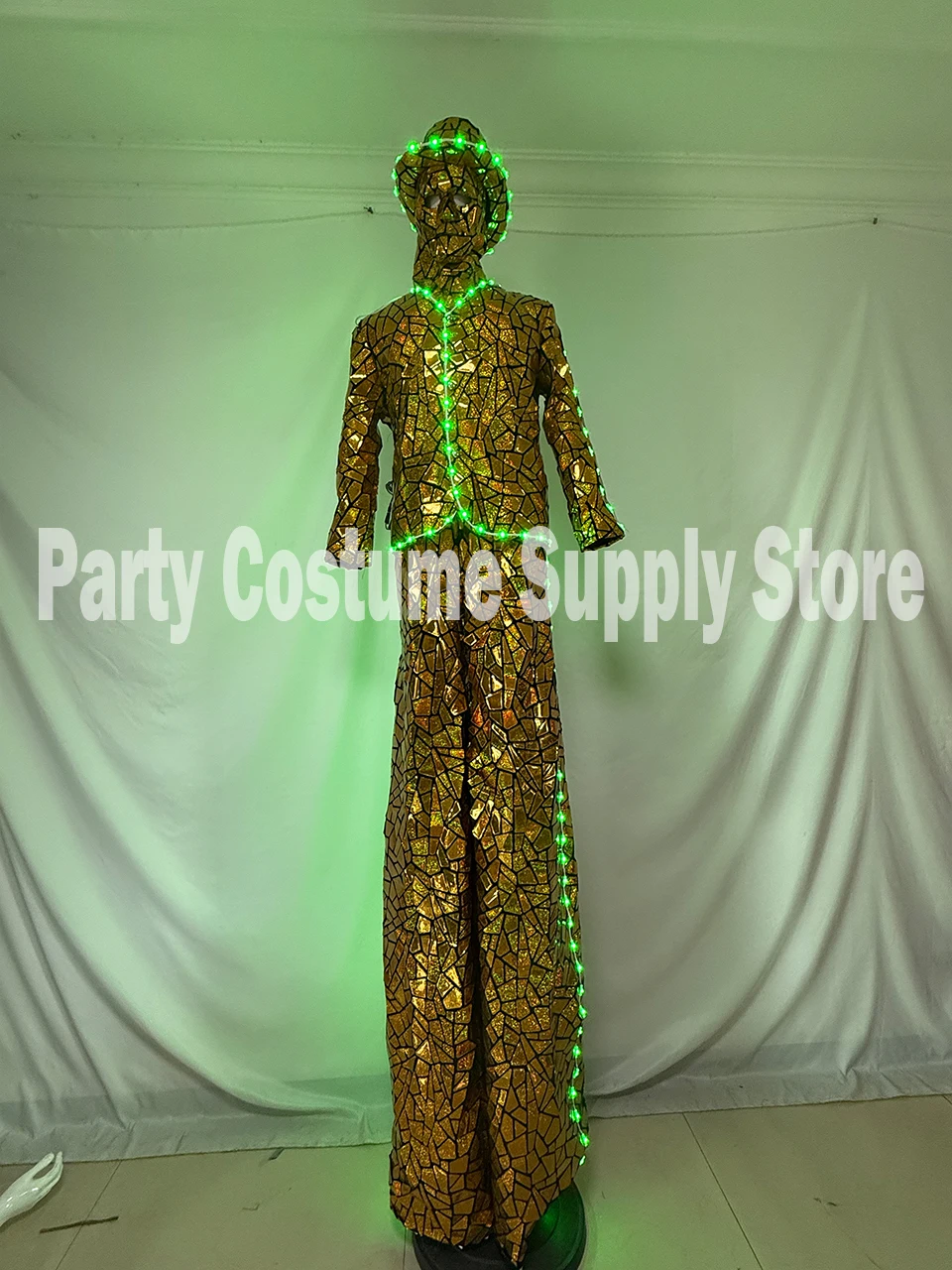 Costume da trampoli con paillettes a specchio LED: vestito da robot walker per spettacoli teatrali, eventi DJ
