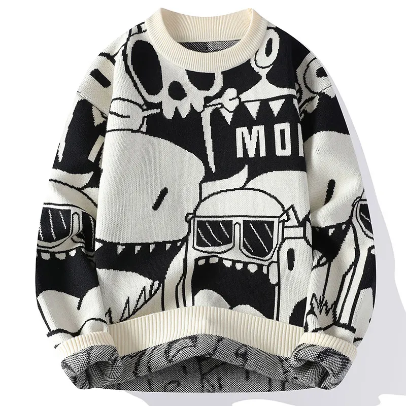 

2026 New Korean Style Men's Round Neck Sweater Autumn And WinterTrendy Cartoon Warm Sweater Teenager Thick Casual Sweater