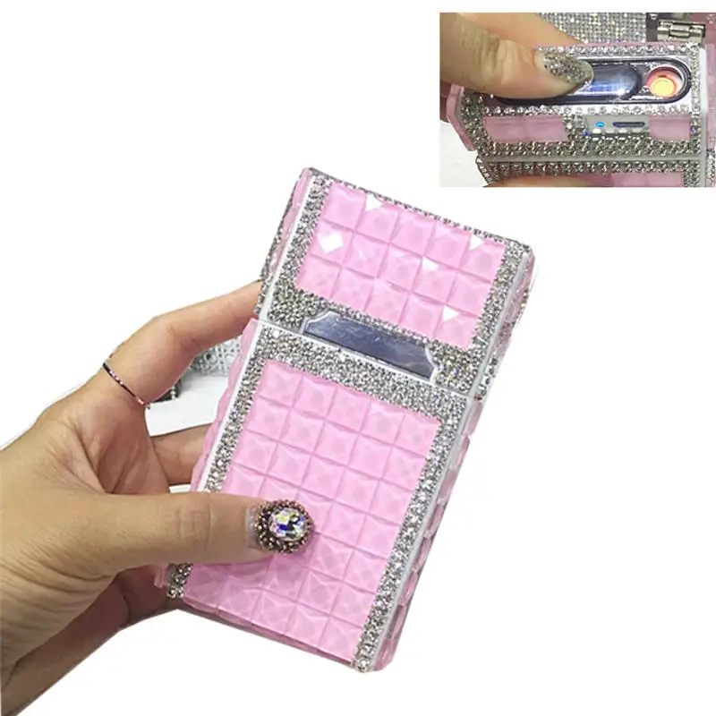 Diamond Shiny Cigarette Case with USB Charging Lighter Suitable for Ordinary 7.6mm Slim Cigarettes 5.2mm