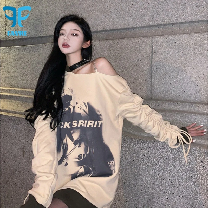 

FAVRE Off-the-shoulder Sexy Sweatshirts Women Bandage Print Hoodies Y2K Spring Autumn Casual Korean Lazy Loose Chic Pullovers