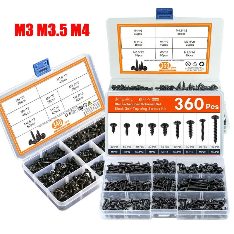 340pcs350pcs360pcs-cross-pan-head-self-tapping-screw-set-with-washer-and-screws-with-oxidized-black-round-head-m3-m35-m4-screw