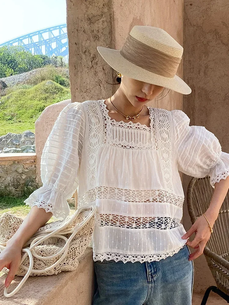 Elegant French Sexy Summer Blouse Shirt White Cotton Lace Hollow Out Sheer Women Blouse Puff Sleeve Ladies Casual Tops