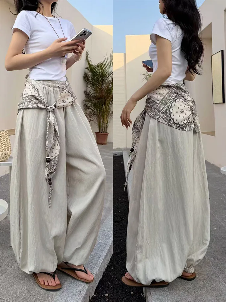 

Повседневные праздничные брюки свободного кроя с плиссировкой, длинные брюки с узором пейсли, с поясом, летняя новинка, женские модные брюки