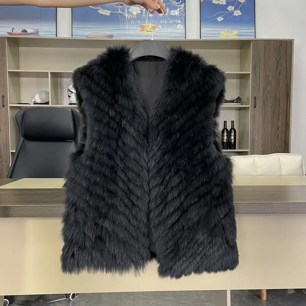 Hot-selling new mid-length V-neck fox fur striped fur jacket slim and versatile women's vest