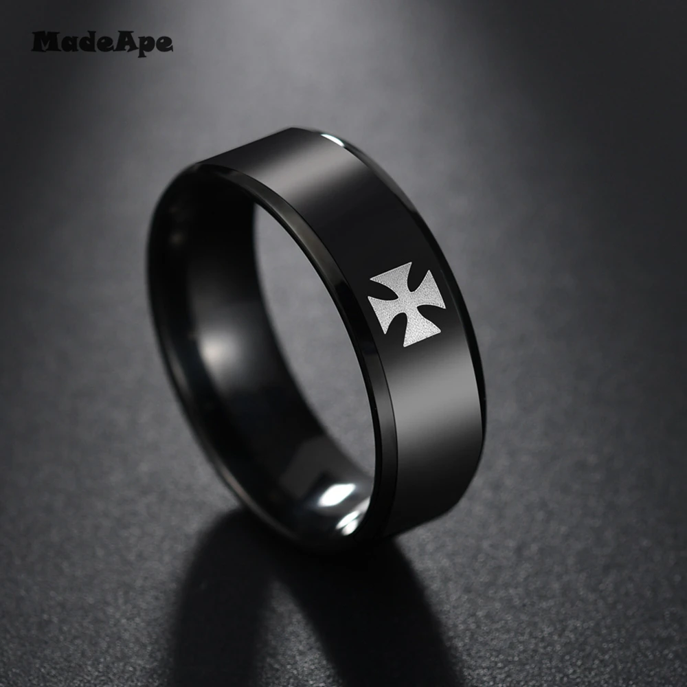 MadApe 8mm Titanium Staal Tweede Wereldoorlog Ijzer Duits Kruis Leger Ring Vrouwen Mannen Mode Vintage Punk Biker Ringen fijne Sieraden Gift