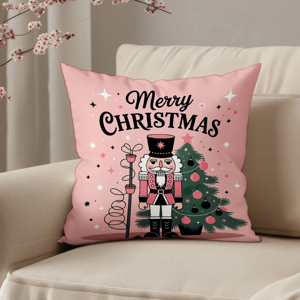 Decorative Throw Pillow Case Pink Merry Christmas Nutcracker And Tree Print For Home Sofa Chair Holiday Season Decoration