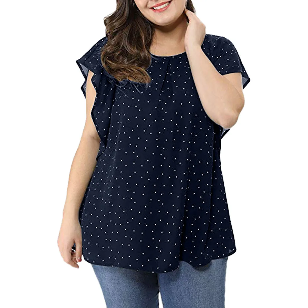 Women\'s Summer Plus Size Ruffle Sleeve Shirt Top Polka Dot Chiffon Blouse