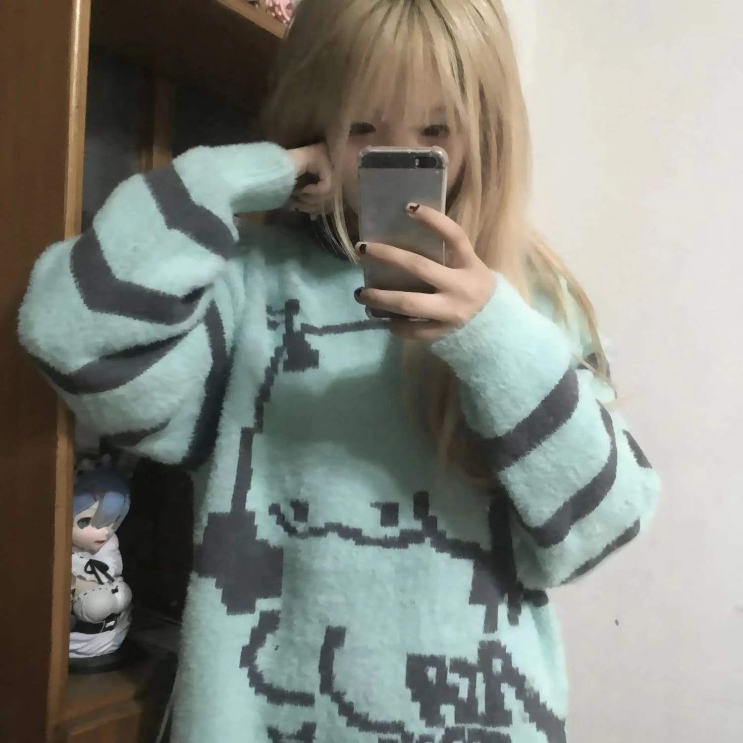 

Y2K Japanese Kawaii Long Sleeve Pullover Women Casual Harajuku Pixel Cat Pattern Striped Knit Sweater Spring Autumn Women Tops