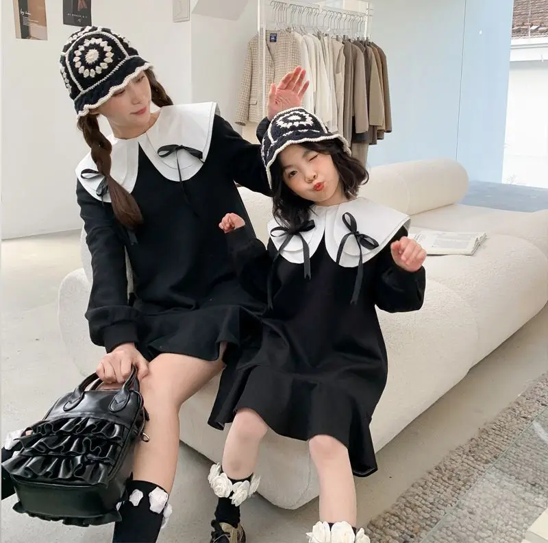 

Family Matching Outfits Dress Mom Daughter 2022 New Spring Summer Casual Peter Pan Collar Pleated Temperament Loose Solid Dress