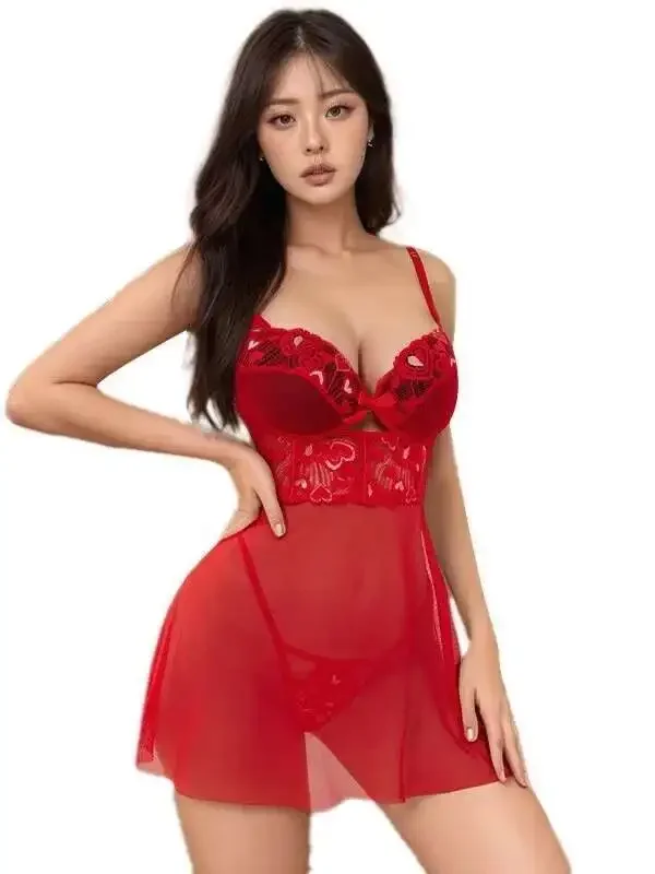 Sexy Dress Women Lace Small Chest Gathering Perspective Outfit Suspender Mesh Seductive Hollow Out No Take Off Dress Sweet 1PA8