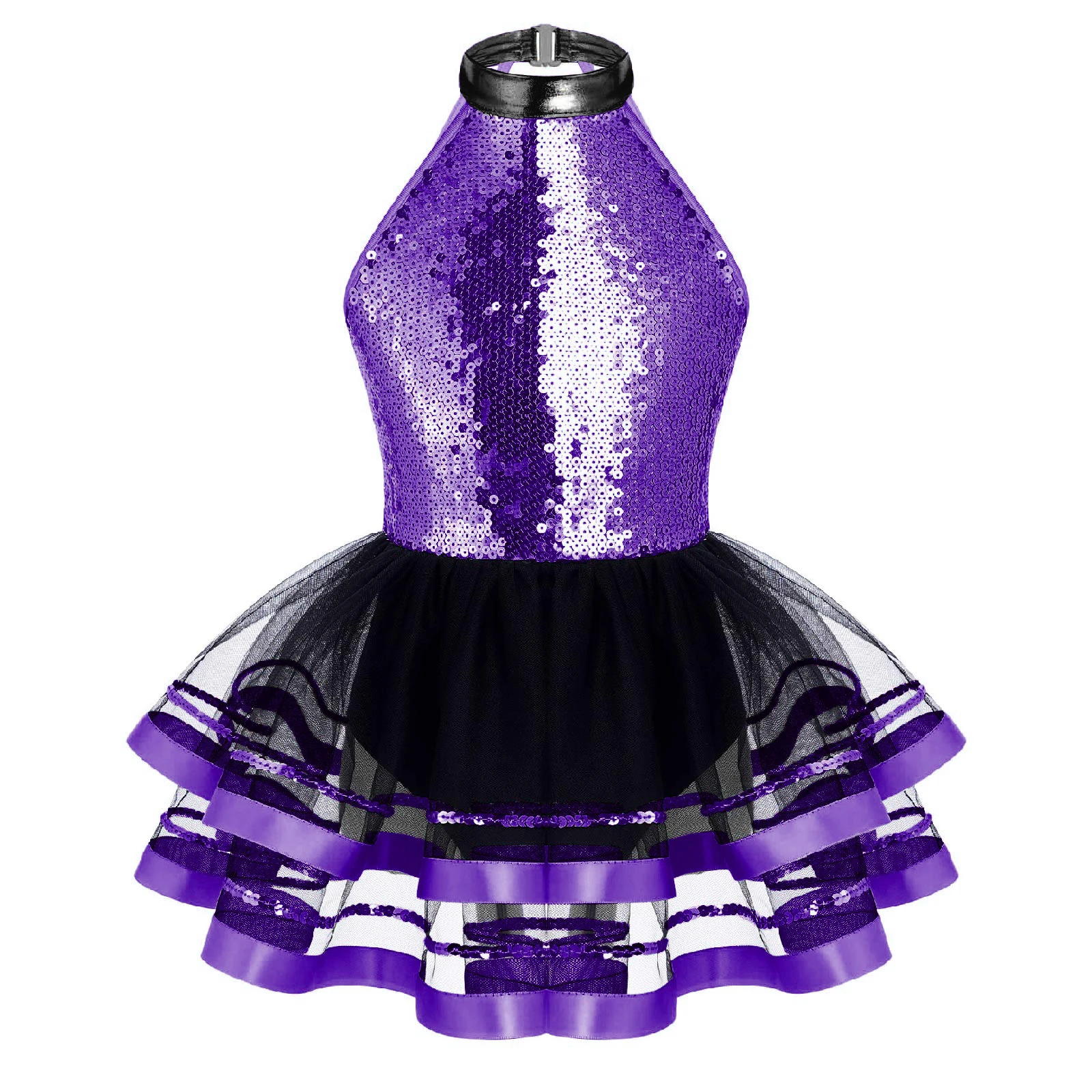 Kid Girls Sleeveless Mesh Ballet Dress Sparkly Sequin Backless Princess Tutu Dance Leotard Dress for Party Stage Performance