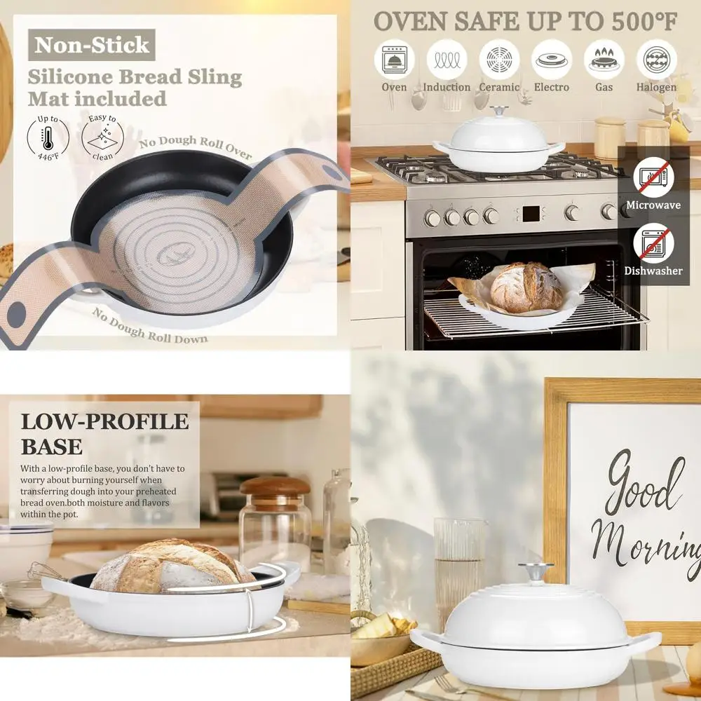 

White 6-Quart Enamel Cast Iron Dutch Oven with Silicone Mat for Sourdough Bread Baking