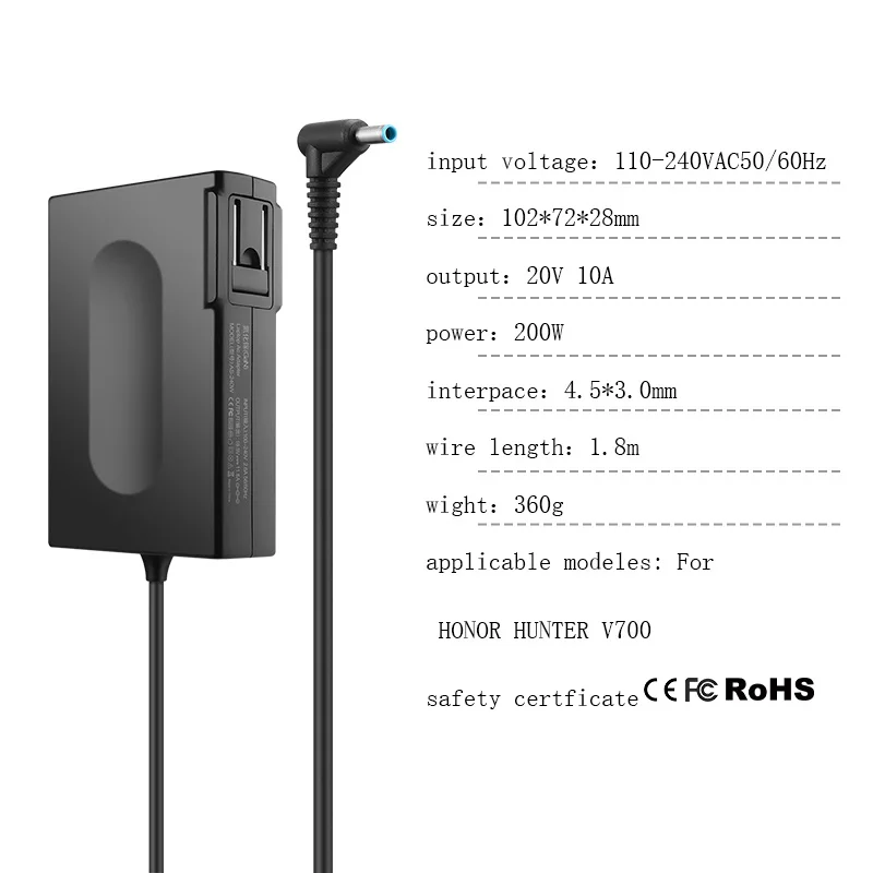 GaN Carregador Adaptador Portátil, Adaptador AC para HONOR Hunter V700, 20V, 10A, 4.5x3.0mm, Alta Potência, 200W