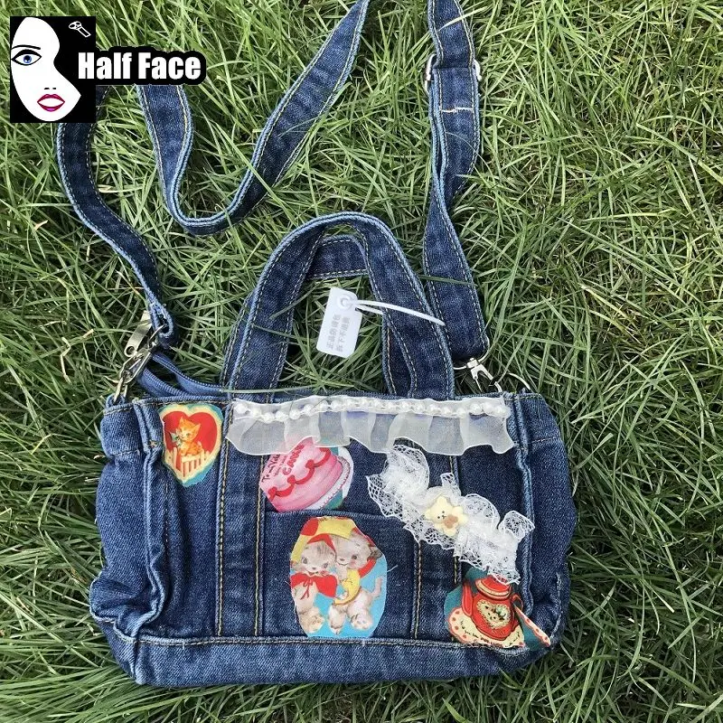 Y2K-Mini bolsos cruzados de un hombro para mujer, bolso de mano Vintage de dibujos animados, Harajuku, gótico, Punk, encaje, perla, oso, Denim lavado, Lolita