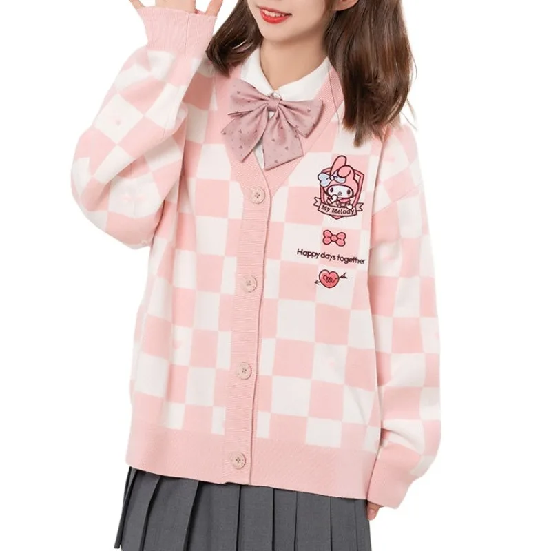 

Новая Униформа kuromi My melody Cinnamoroll jk, кавайный шахматный свитер, кардиган с милой вышивкой в студенческом стиле, свободное милое пальто