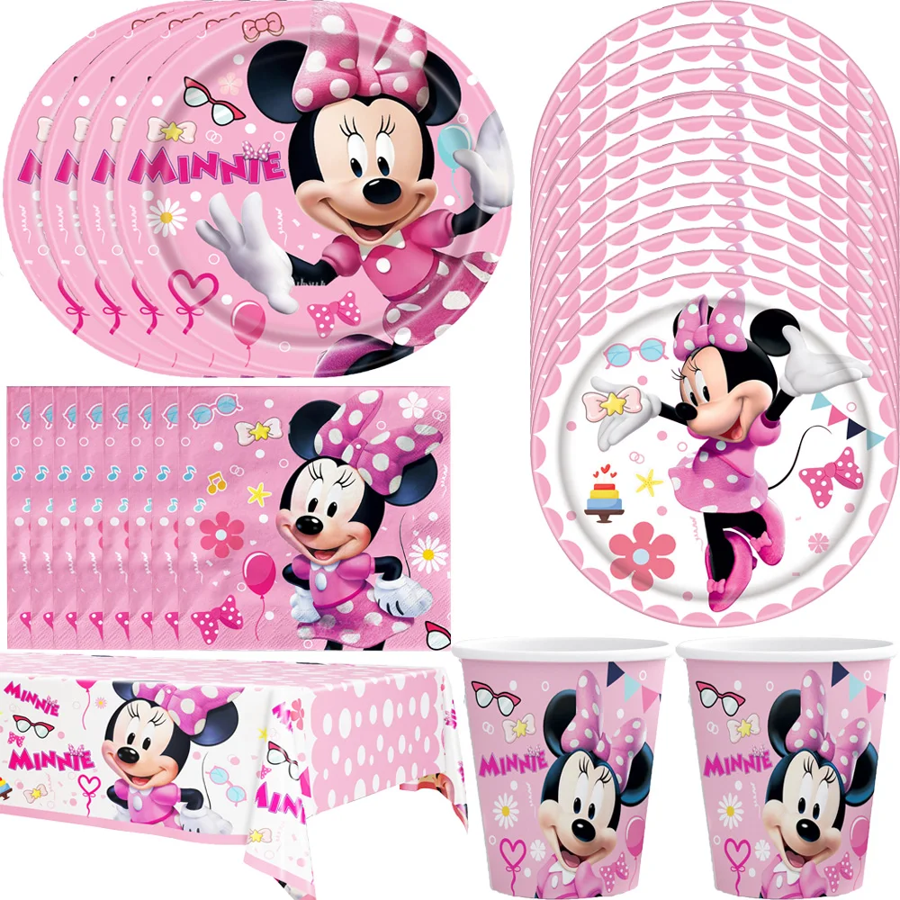 

Minnie Mouse Birthday Party Supplies Disposable Tableware Paper Plate Favos Gift Banner For Kids Baby Shower Party Decorations