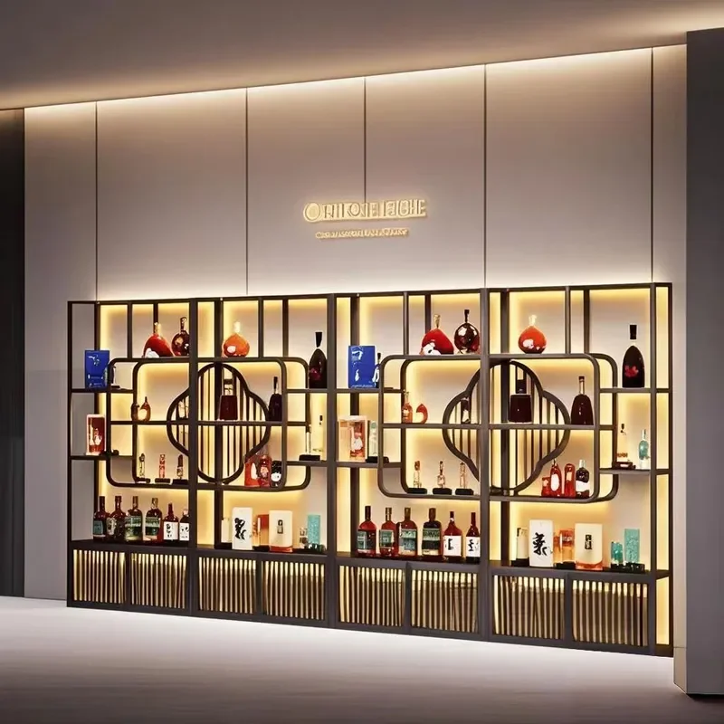 Wrought Iron Wine Rack Floor Standing Liquor Display Cabinet with LED Light Commercial Bar Shelf for Red Wine Baijiu Storage
