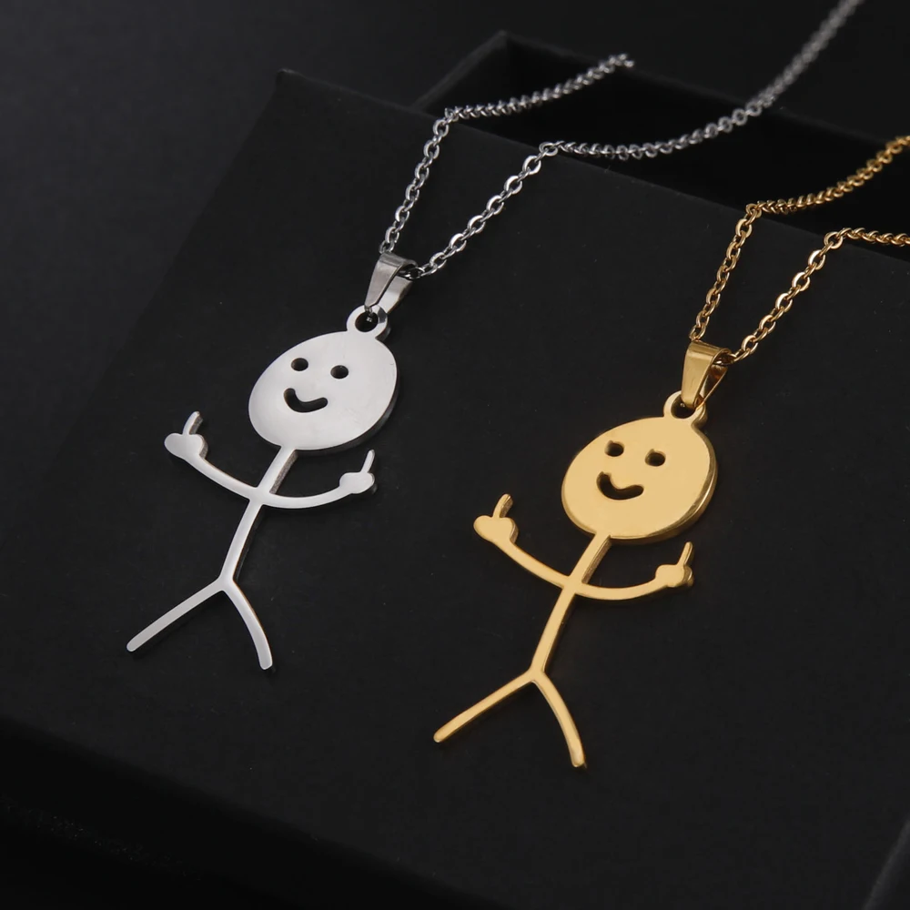 COOLTIME Stickman Pendant Necklace for Men Women Stainless Steel Middle Finger Fxck You Gesture Chain Necklace Jewelry Gift