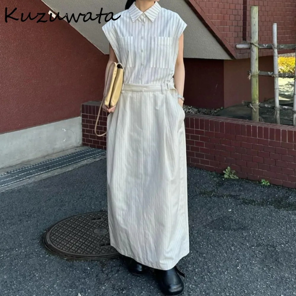 

Kuzuwata Elegant Turn-down Collar Sleeveless Vintage Mujer Casual High Waist Stripe Fake Robe Japan New Loose Soft Frock Dress