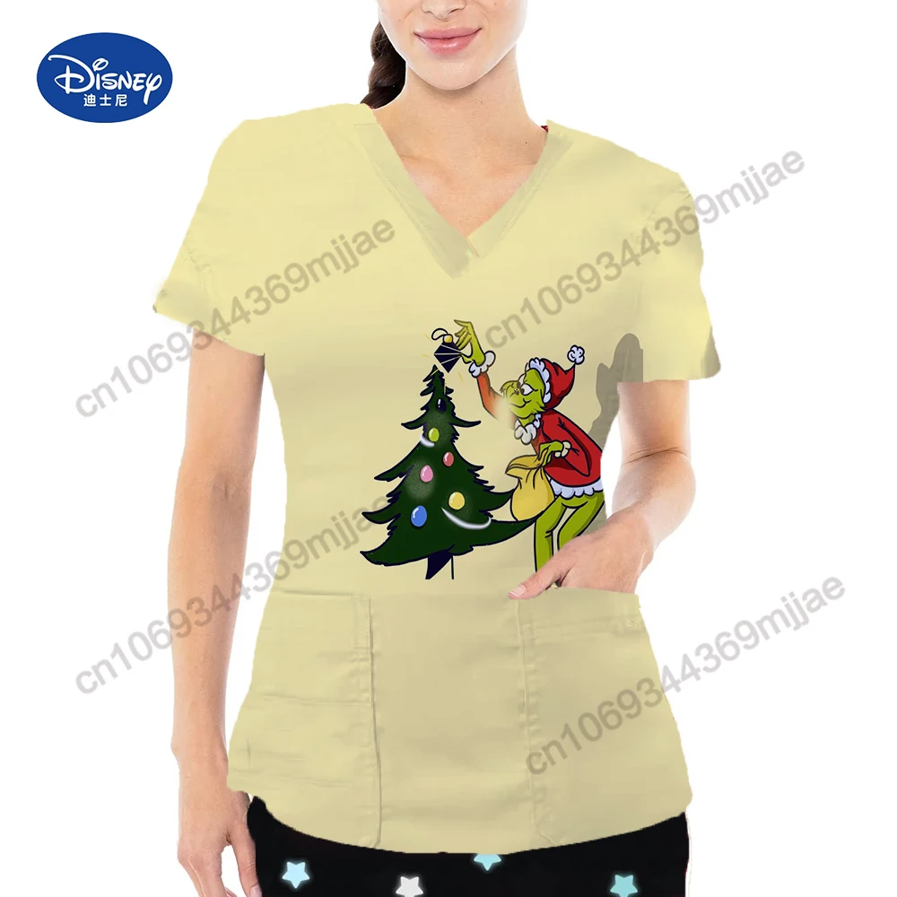 Disney Nurse T-shirt V-neck Pocket Women\'s Surgical Clothing Woman Clothes for Women Y2k Tops Women\'s Long Sleeve Top Female
