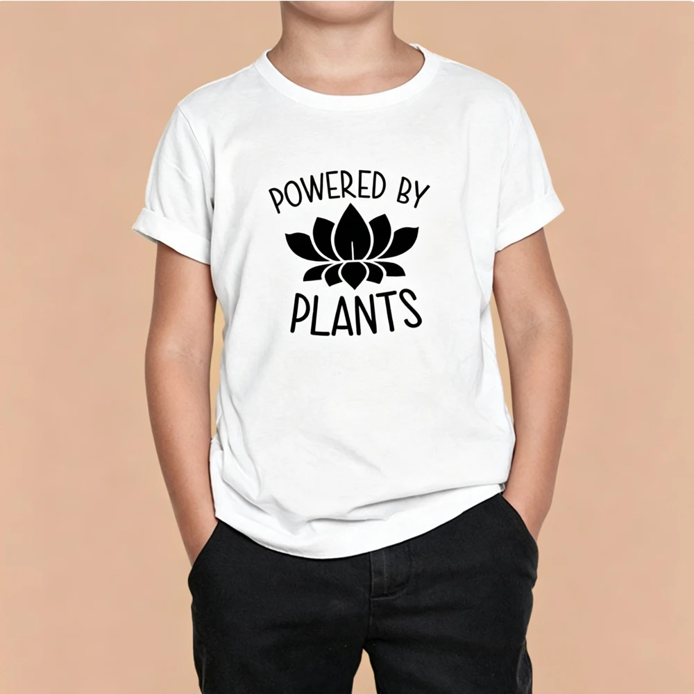 Powered By Plants Kids T-shirt Lotus Print Short Sleeve Cotton Tee for Boys Girls Casual Vegan Top