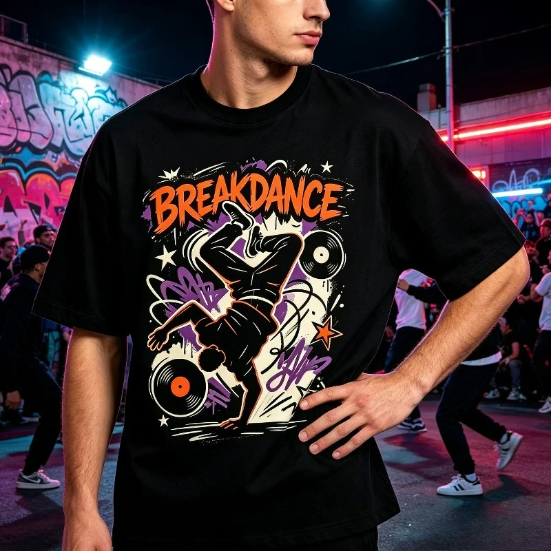BREAKDANCE Print Men T-Shirt 100% Cotton Short Sleeve Crewneck Breakdancer DJ Vinyl Record Graffiti Tee for Hip Hop Streetwear