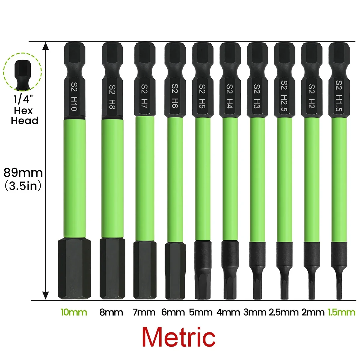 10Pcs Hex Bit Set 89mm/10mm SAE Metric Allen Screwdriver Bits 1/4 Inch Magnetic Hex Head Allen Wrench Drill Bits