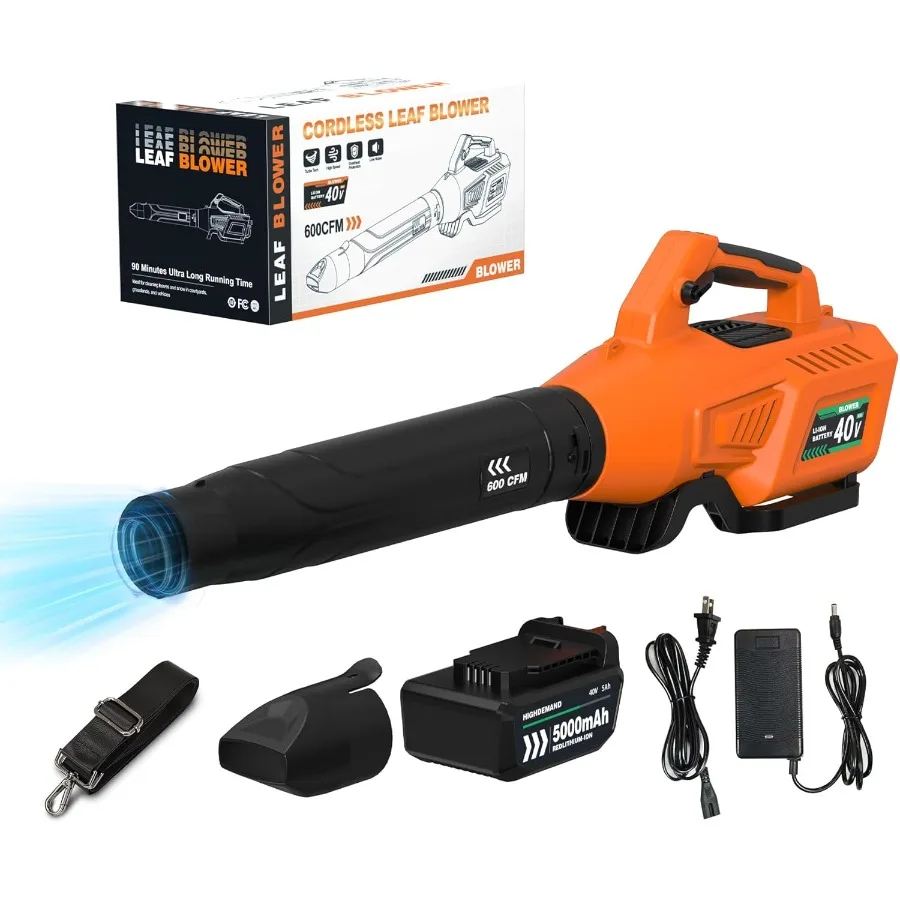Soffiatore per foglie a batteria con motore potente da 40 V per un efficiente cura del prato e una pulizia del patio Flusso d'aria di 600 CFM e velocità di 180 MPH con Va