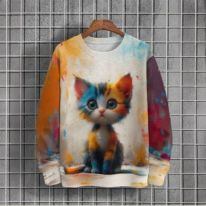 Cartoon cat pattern men's fun animal 3D printed sports shirt autumn long sleeved top pullover round neck