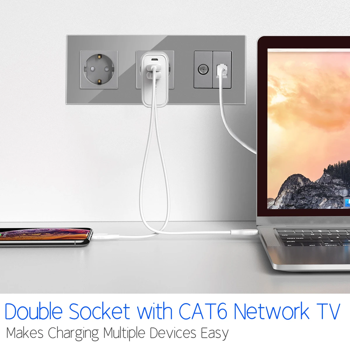 DAJIMEI TV CAT6 Computer Internet With EU Russia Standard Sockets Double Wall Plug Crystal Glass Panel Home Improvement