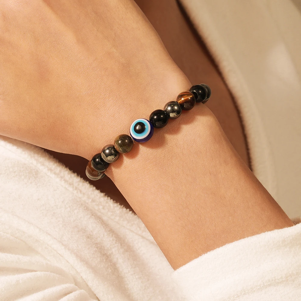 

Retro Niche Design Natural Stone Bracelet Fashion Personality Volcanic Stone White Demon Eye Elastic Bracelet for Couple