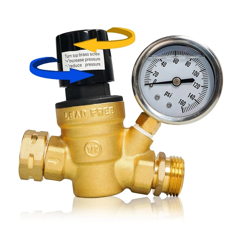 A20F-RV Water Pressure Regulator, Adjustable Handle Brass Water Pressure Regulator With Gauge And Inlet Screen Filter For RV