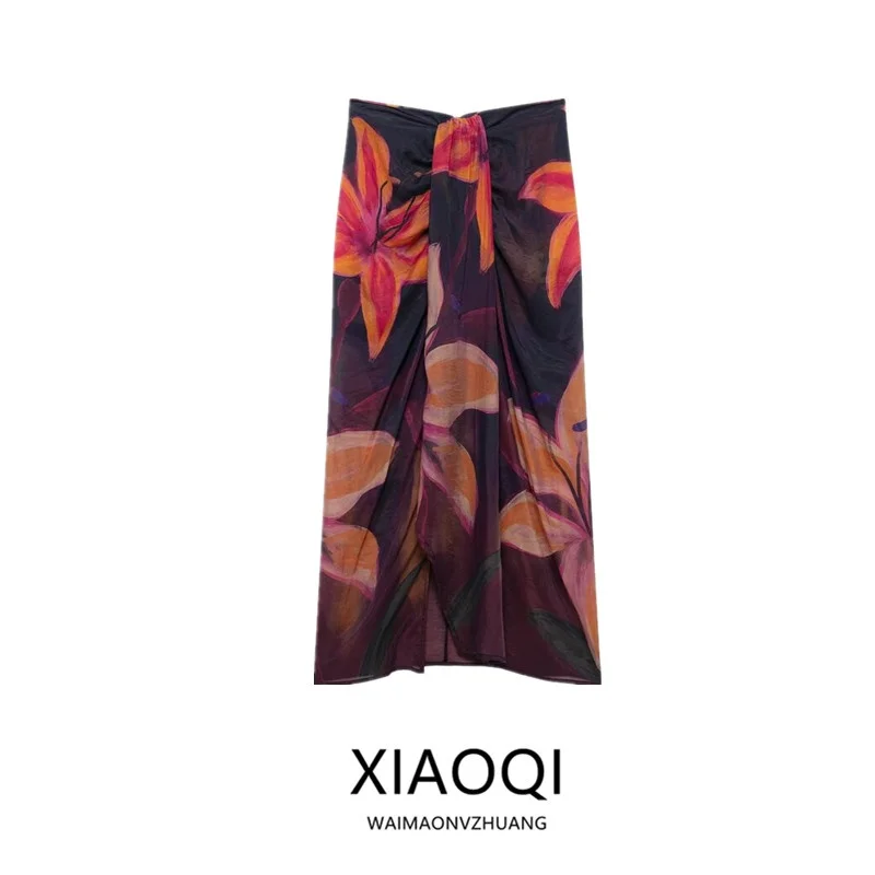 

Spring 2025 Floral Print Wrap Scarf Midi Skirt Women's mid Waist Long Half Body Skirt Versatile Style Floral Print Midi Skirt