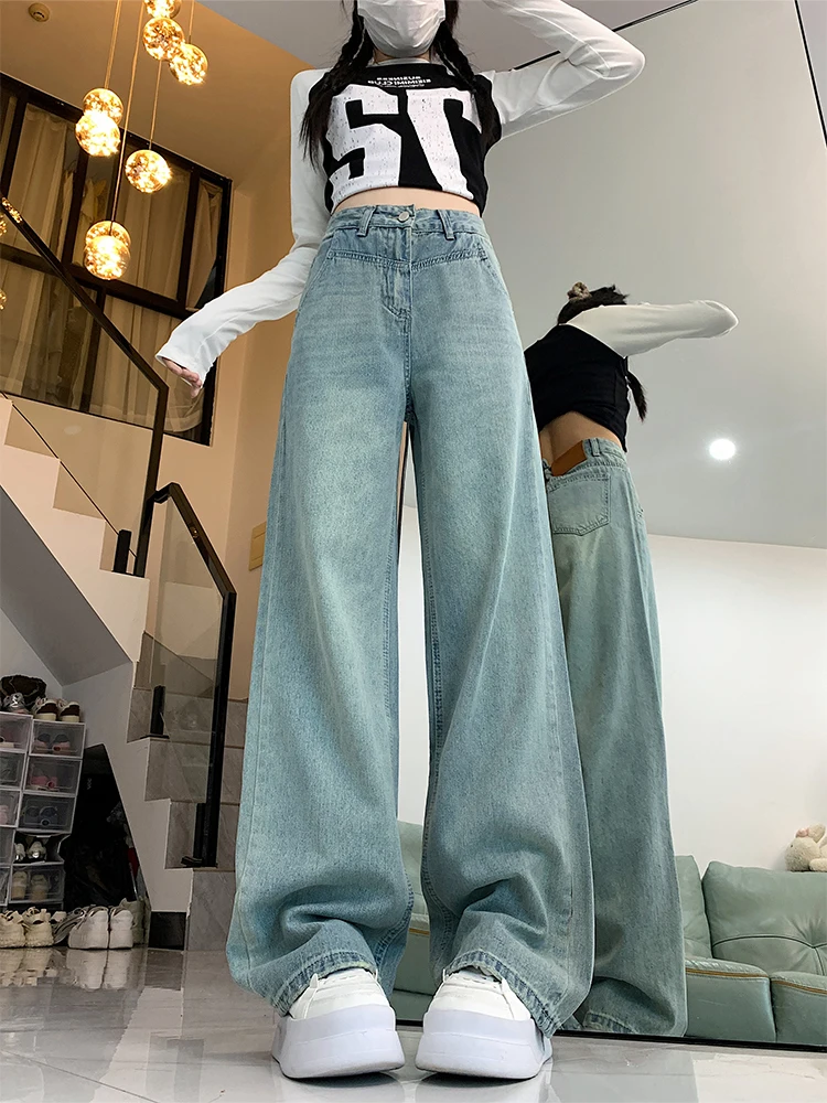 

Светло-голубые винтажные джинсы с широкими штанинами, женские, с высокой талией, свободные, прямые, длинные брюки, осенне-весенние, больших размеров, стройнящие, драпирующиеся.