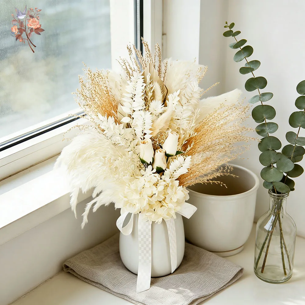 Natural Dried Pampas Grass Flower Bouquets Aesthetic Room Decor Nordic Style Home White Reeds Palm Leaves Bunch Wedding Supplies - Detail 1