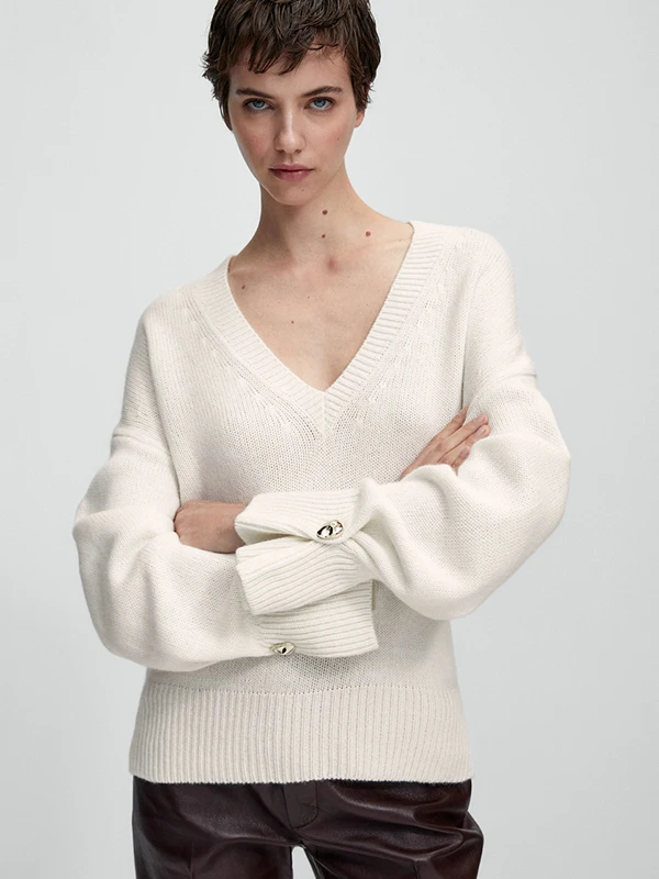 

Свободный вязаный свитер из смесовой шерсти с V-образным вырезом, женский, осенне-зимний, новинка, для женщин 30-34 лет, однотонный, длинный...