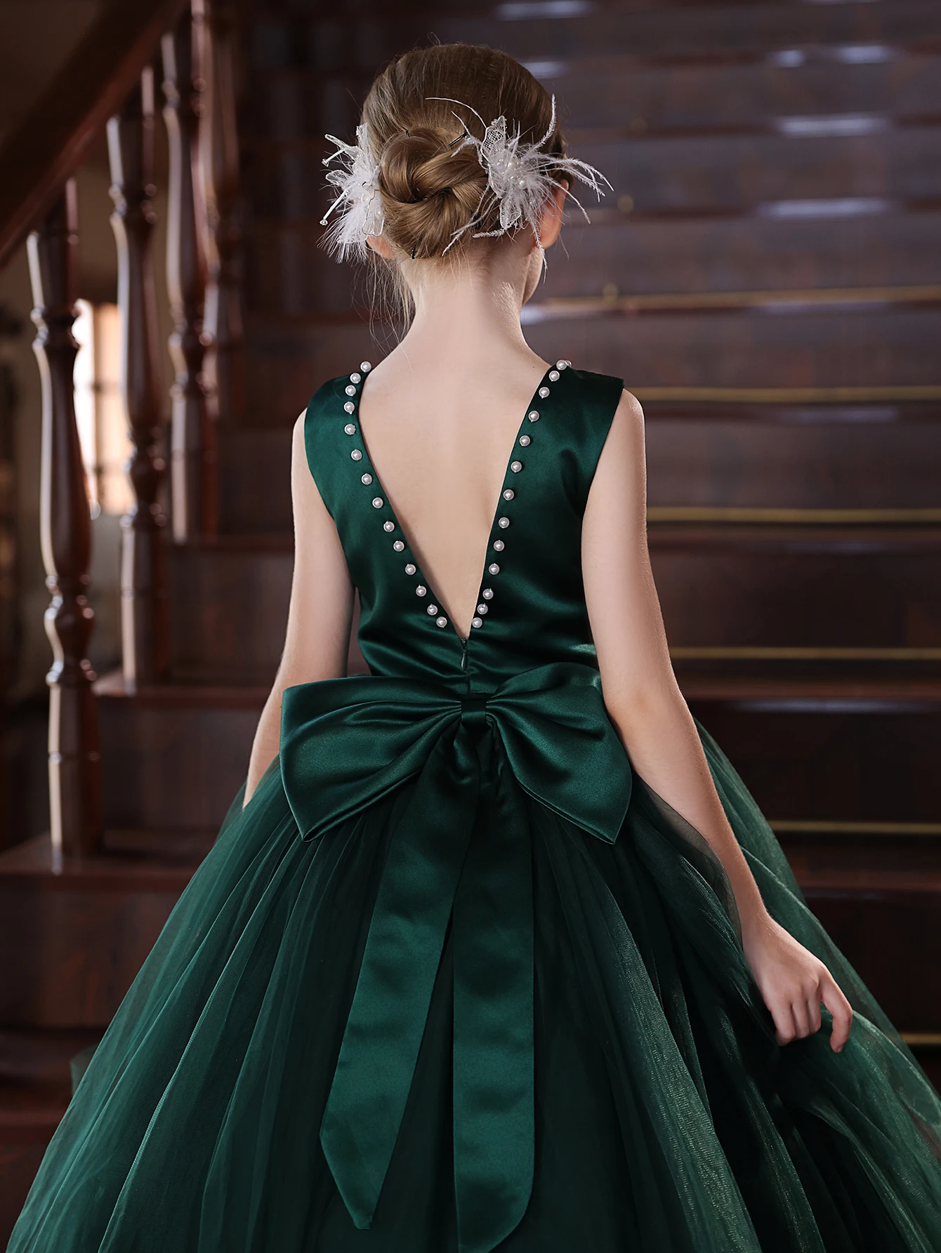 Girl Middle-Aged Girl Dark Green Fluffy Veil Long Dress Party Birthday Performance Elegant Dress