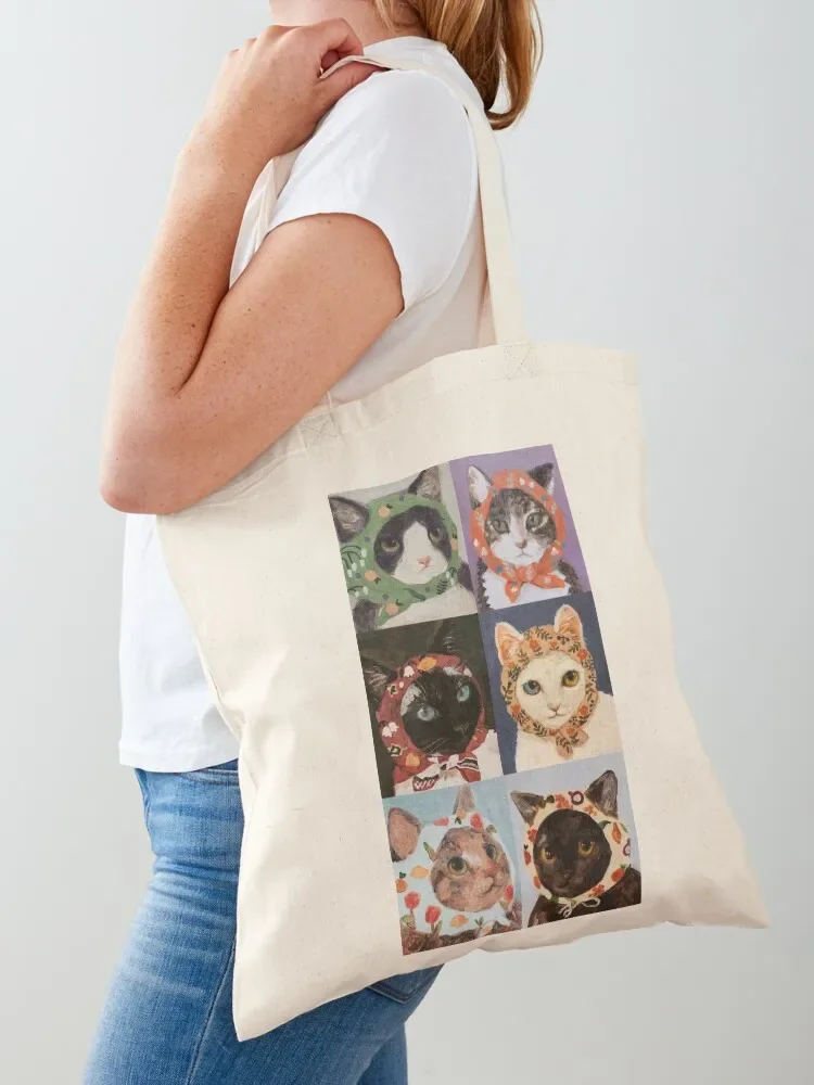 

six cats wearing head scarf painting Tote Bag tote bag custom Shopping bags canvas bags