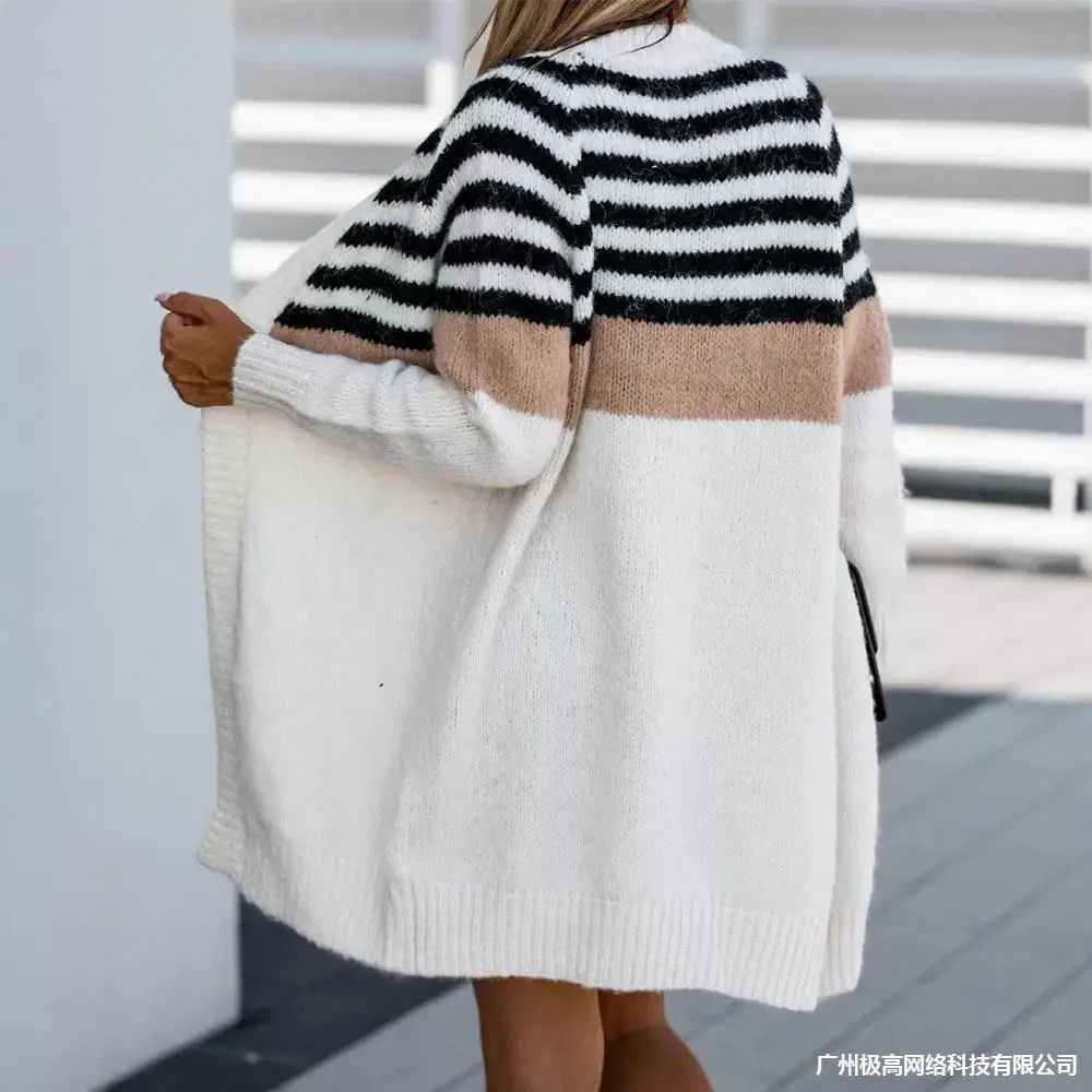 Sweater Cardigan Fashion Casual Long Sleeve Autumn And Winter Stripe Long Temperament 2024 Loose Color Matching Jacket Knitted