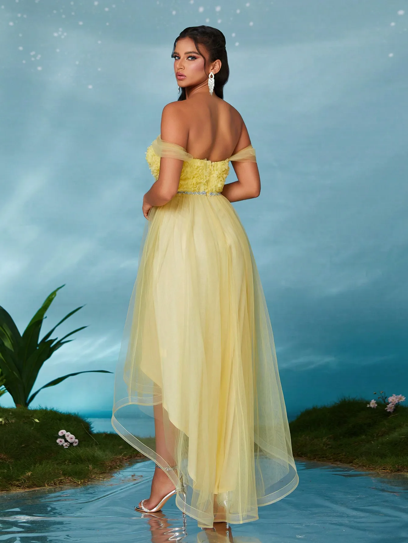 MGIACY Vestido grande de gaze de camada dupla bordado tridimensional com decote em I