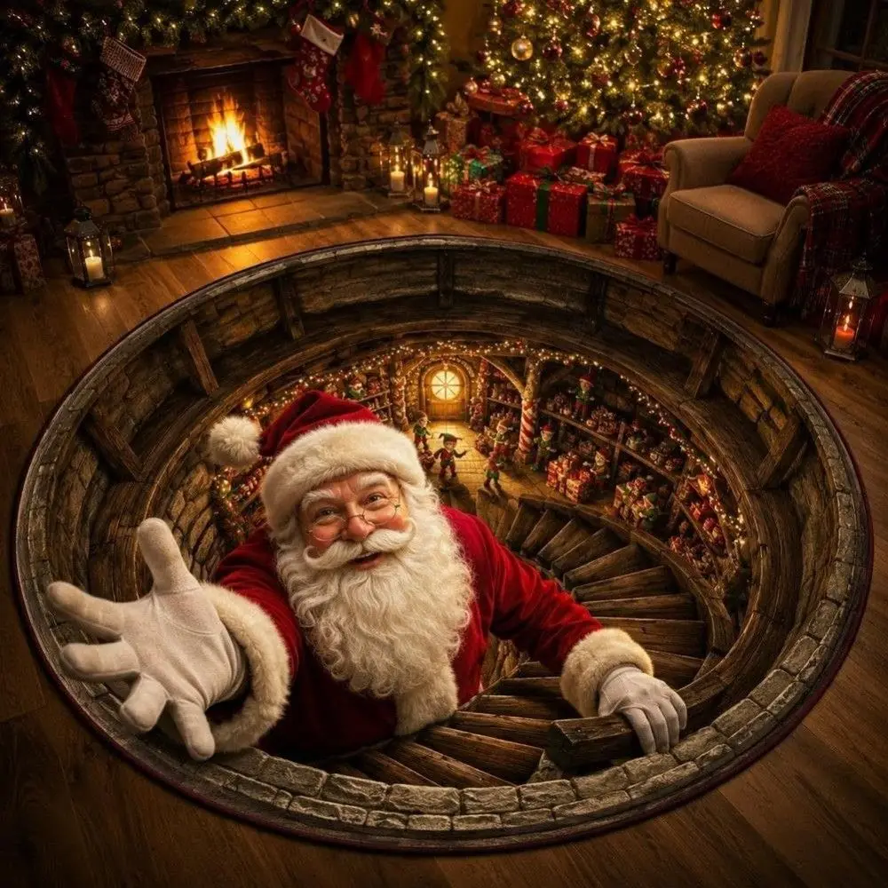 Cartoon Cute 2D Flat Printed Christmas Rug Non-Slip Velvet 3D Illusion Rug Santa Claus Floor Mat Christmas Doormat Christmas