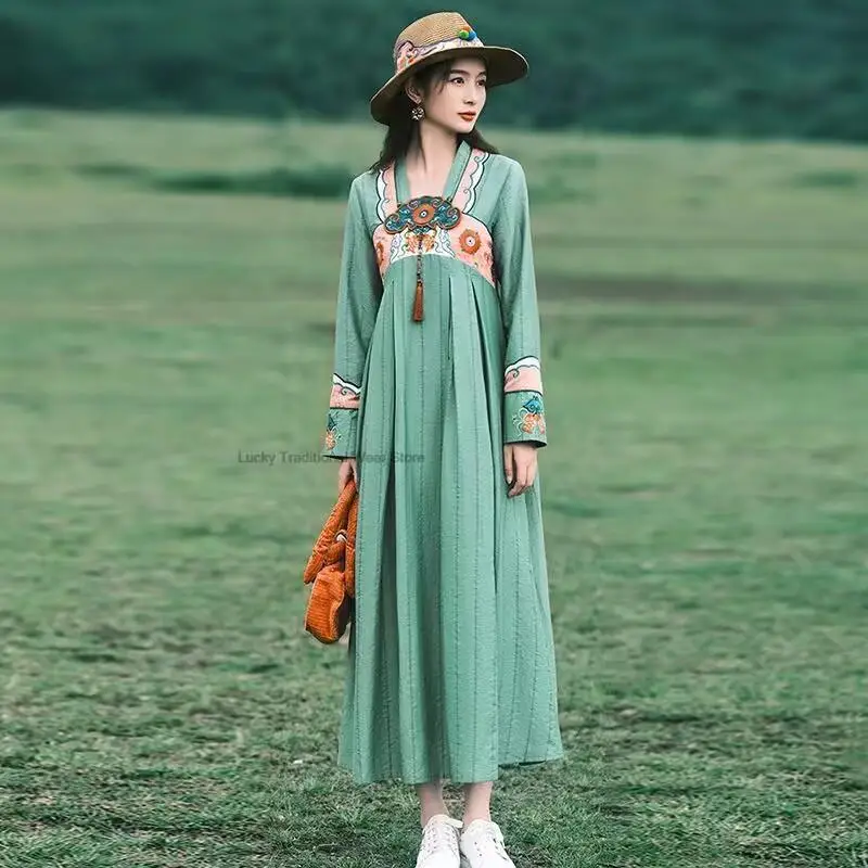 Vestido Vintage Oriental para mujer, vestido tradicional de estilo chino, bordado de flores nacionales Hanfu, vestido de baile folclórico Oriental